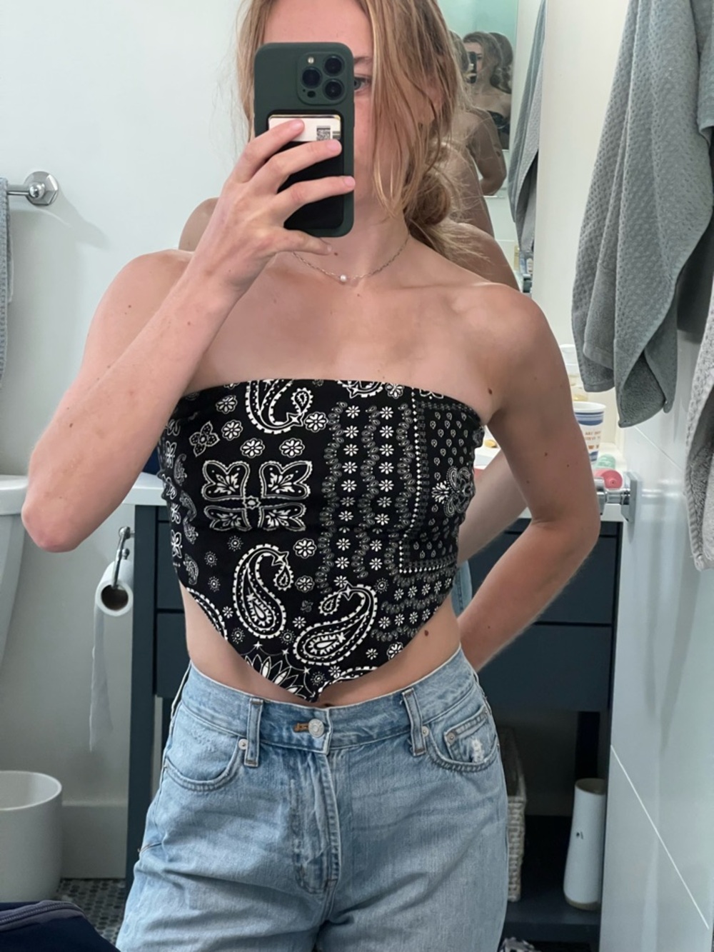Bandana-Print Black Strapless Crop Top